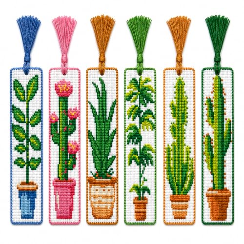 Zhenqing Cactus Stamped Cross Stitch Bookmark Kit, 6 Botanical Plant Designs on 11CT Fabric for Beginners, Book Lover Gift - color: Cactus Botanical Bookmark