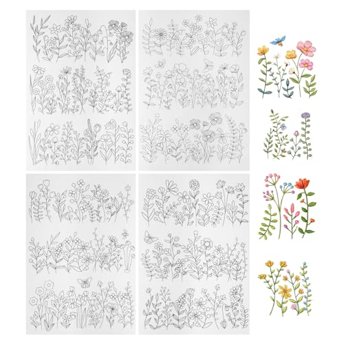 Water Soluble Embroidery Stabilizer, 4 Sheets Water Soluble Stabilizer for Embroidery Patterns Stick and Stitch Embroidery-Paper Designs Transfer Paper with Pre-Printed Flower Leave for Hand Sewing