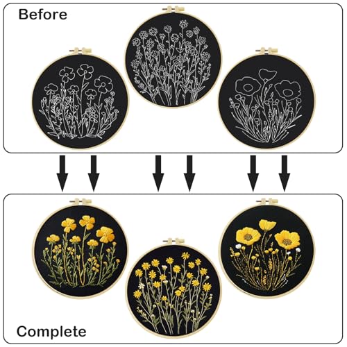 57lilina Embroidery Kit for Beginners, Pack of 3 with Hoop, Threads, Needle - color: Flower B