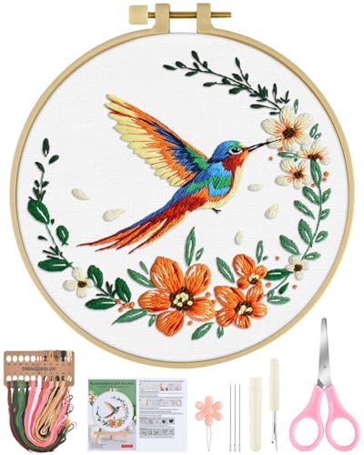 ERKOON Embroidery Kit for Beginners, Hummingbird and Flower Cross Stitch Set for Include Embroidery Cloth Hoops Threads for Craft Lover Hand Stitch (Colorful Hummingbird) - color: Colorful Hummingbird