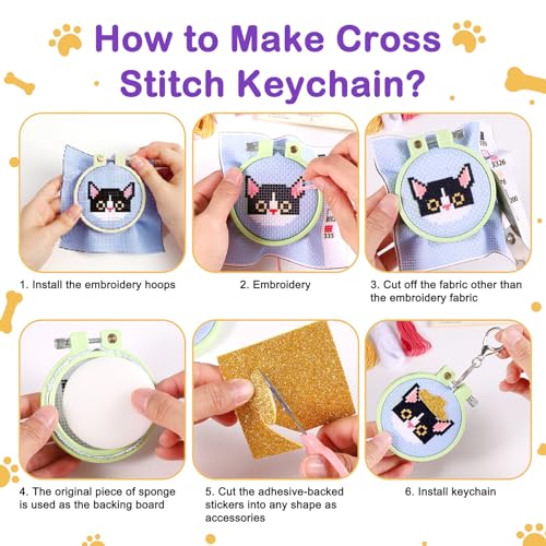 Caydo 5 PCS Cross Stitch Kits for Kids with Cats and Dogs Patterns