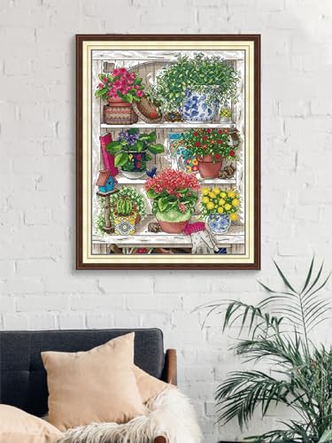 Aiorkeng Cross Stitch Kits Stamped Full Range of Embroidery Starter Kits for Adults Beginners DIY Needlepoint Kit 14CT 2 Strands -Printed kit Flower Shelf (Printed) 13.4×17.3 inches - color: Flower shelf44×56CM