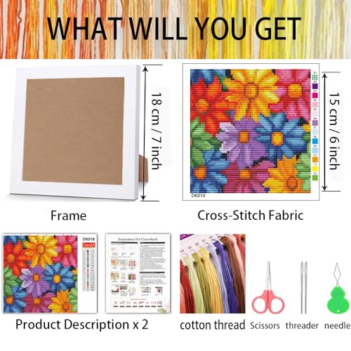 Colorful Daisies Stamped Cross Stitch Kits for Adults Beginners with Frame - color: Flowers Cross Stitch with Frame