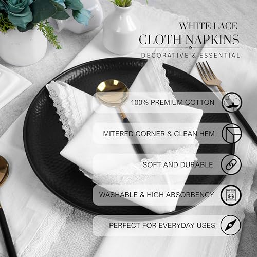 FINGERCRAFT Lace Cloth Napkins, 100% Cotton, 12 Pack, 20x20 Inch, White - color: White, size: 20" x 20" (Set of 12)