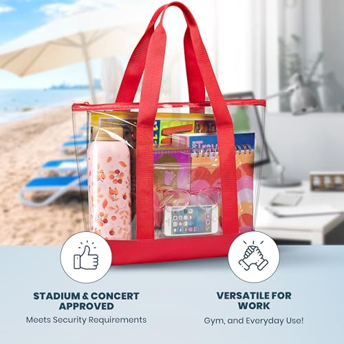 Handy Laundry Clear Tote Bag - Zipper Closure, Long Shoulder Strap, Fabric Trimming. - color: Red
