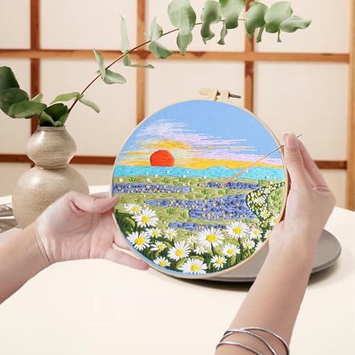 Ohcol 3 Sets Embroidery Kit,Cross Stitch Kits for Beginners,Needlepoint Kits for Adults with Landscape Floral Pattern Hand Crafts,Hoop,Needle