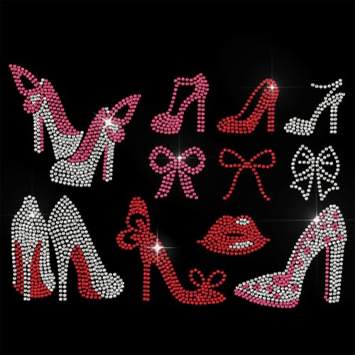 5 Pcs Bat Pattern Iron on Rhinestones Transfer, Bling Crystal Clothing Repair Applique Heat Transfer Patches for T-Shirt Vest Shoes Hat Jacket Pants Bags Decor - color: High Heels and Red Lip