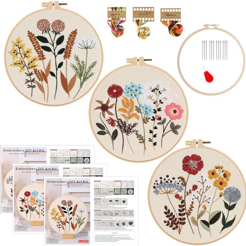 Smart-Feather 3 Sets Embroidery kit for Beginners, Hand Embroidery Kits for Adults with Hoop, DIY Art Project Craft Kit (Flower) - style: Flower