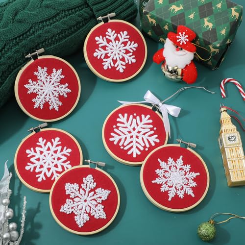Roowest 6 Sets Christmas Embroidery Kits Snowflake Ornament DIY,Red - color: Red