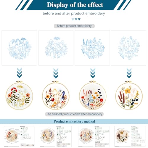 Zhenqing Floral Embroidery Kit - 4 Piece 29x29cm Round Hoop Art Set with Pre-Printed Cotton Fabric, Embroidery Hoop, Threads & Tools for Beginners (C0010) - color: C0010