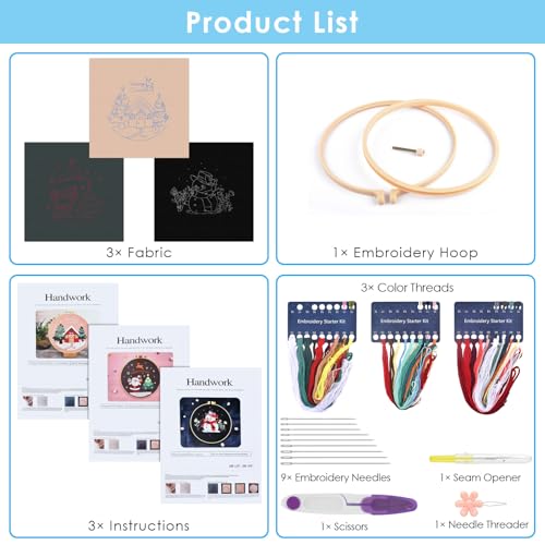 ERKOON 3 Sets Embroidery Kit for Beginners, Christmas Cross Stitch Set with Easy Pattern Embroidery Cloth Hoops Threads for Craft Lover Hand Stitch - color: 3pcs Christmas