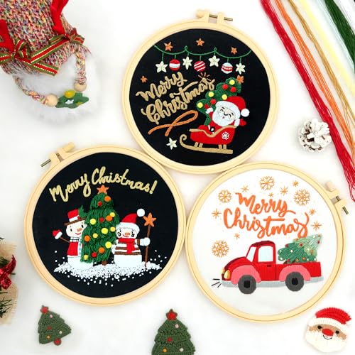 3 Sets Christmas Embroidery Starter Kit with Pattern for Beginners, Embroidery Kits with Christmas Pattern, Cross Stitch Set with Plastic Embroidery Hoops, Color Threads, Tools and Instructions - color: Xmas Black White