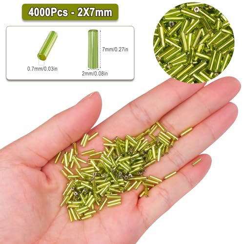 4000pcs Light Green Bugle Beads Bulk -Embroidery Beads,Long Tube Bead for Jewelry Making, Bracelet Necklaces Supplies,Craft DIY(7x2mm) - color: Light green