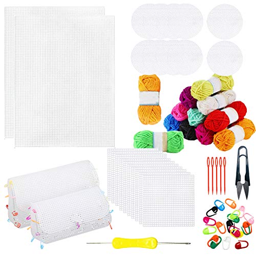 Allazone 57 PCS Mesh Plastic Canvas Sheets Kit Including 24 PCS Plastic Canvas, 12 Color Acrylic Yarn for DIY Crafts Embroidery Cross Stitch, Acrylic Yarn Crafting, Knit and Crochet Projects - color: 57 PCS - Yarn Grid 1