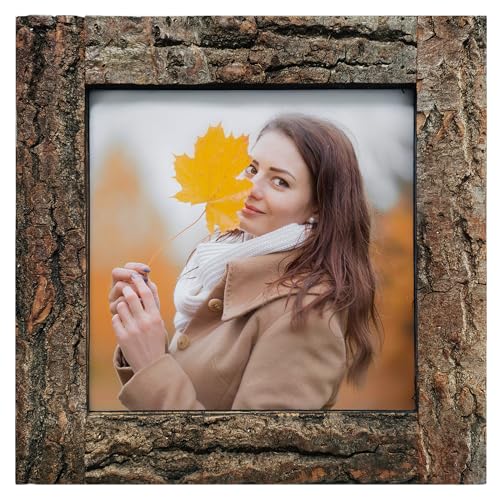 IKEREE 8x8 Rustic Picture Frames with Real Bark, Natural Wood Photo Frame - size: 8x8