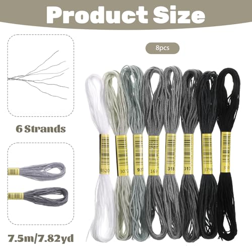 cobee 8 Skeins Embroidery Thread, 7.8 Yards Gradient Cross Stitch Yarn Threads, Gray Thread for Jewelry Making Sewing Bracelets Knitting Stitching Craft DIY