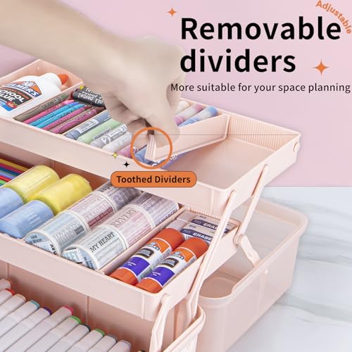 TERGOO 14in 3-Layer Multipurpose Craft Organizers and Storage with Adjustable Dividers, Portable Tackle Box, Folding Art & Craft Case for Medicine, Tool, Sewing Organizer (Pink, X-Large) - color: Pink, size: X-Large