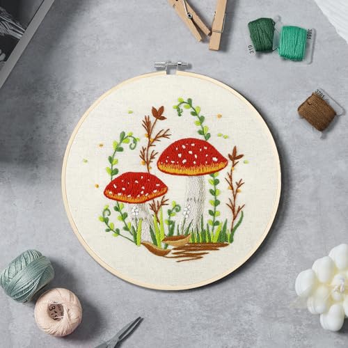 Bonroy 4 Sets Embroidery Kit for Beginners with Instructions,Cross Stitch Kits for Adults with Pattern,Needlepoint Kits for Adult Include Embroidery Cloth Hoops Needles Threads(Mushroom) - color: mushroom4