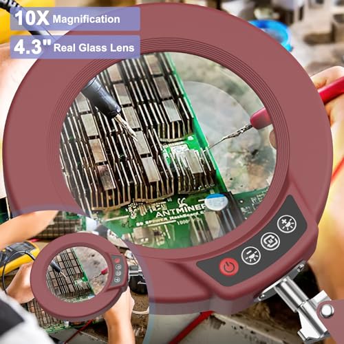 10X Magnifying Glass with Light and Clamp, Real Glass Stand Lighted Magnifier, 2*16 Arm 5 Color Modes Stepless Dimmable LED Desk Lamp Hands Free for Craft Hobby Reading Painting Close Work Large RED - color: Red, size: 10X 32inch Clamp