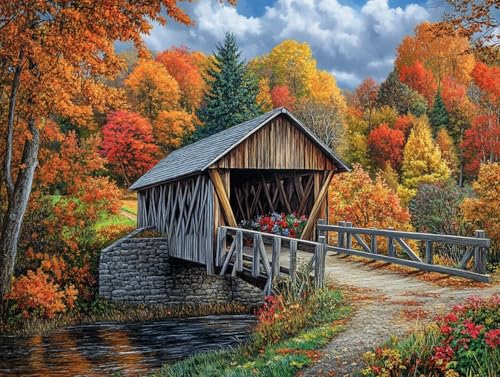 DIY Landscape Historic Campbells Covered Bridge 11CT Pre-Printed Cross Stitch Kit for Adults & Beginners, Easy Needlepoint Pattern for DIY Home Décor & Crafts 431
