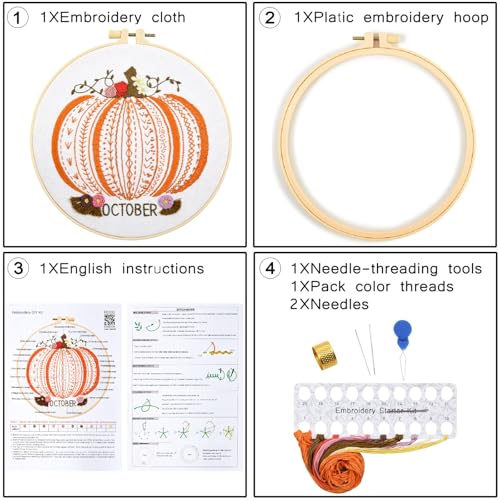 Easy Beginners Embroidery Stitches Practice Kits for Adults, Fall Pumpkin Embroidery Starters Kits for Beginners to Learn 26 Stitches, Autumn Hand Embroidery Set Craft for Women & Video Tutorial - color: H2032, size: 8Inch