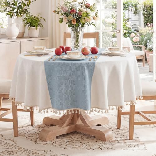 Softalker Outdoor Linen Round Tablecloth with Tassel, 55 x 55 Inch - color: Blue Stripe, size: 55" (Round)