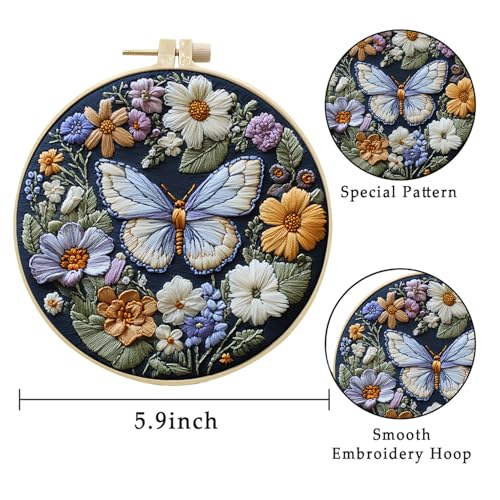 LB 4 Pack Colorful Butterfly Embroidery Kit for Beginners Nature Flower Beginner Embroidery Kit for Adults DIY Starter Kit with Embroidery Hoop Colorful Threads Tools Step by Step Instructions - color: Blue