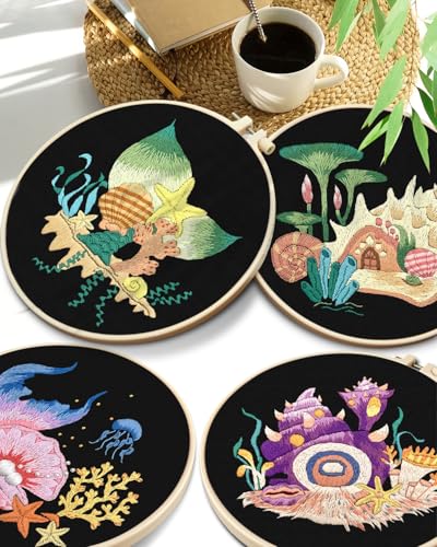 TINDTOP 4 Pack Embroidery Kit for Adult, Embroidery DIY Starter Kit - color: Shell