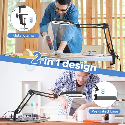 15X Rectangle Magnifying Glass with Light and Stand, Real Glass Lighted Magnifier Hands Free, Mechanical Knob 5 Color Modes Stepless Dimmable, 2-in-1 LED Desk Lamp with Clamp for Close Work, Reading