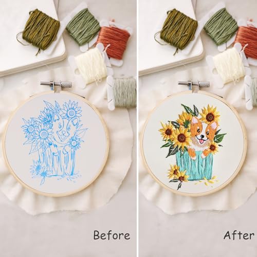 Embroidery Kit for Beginners, Dog Flower Pattern Embroidery Practice Kits - color: Dog pattern