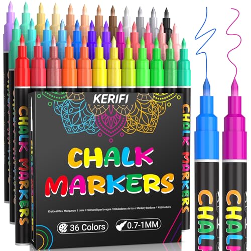 KERIFI Liquid Chalk Markers Fine Tip 1.0 mm, 36 Colors Wet Erase Makers for Chalkboard Calendar, Erasable Chalk Pens for Blackboard, Bistro Menu, Wedding Signs, Glass Window Decor, 45 Labels Included - color: 36 Colors