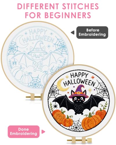 TINDTOP Halloween Embroidery Kit for Adult, Embroidery DIY Starter Kit, with Stamped Patterns, Hoop, Tools, Colorful Threads with Needles, Instructions (Halloween D) - color: Halloween D