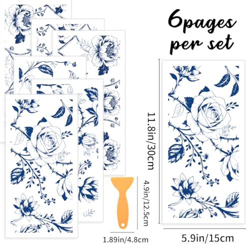 6 Sheets Vines, Roses, Peonies Rub On Transfers for Crafts and Furniture, DIY Craft Vinyl Waterproof Transfers Stickers for Wood Furniture, Door, Windows, Gifts and Home Decor 6x12” - style: Retro Blue Pattern
