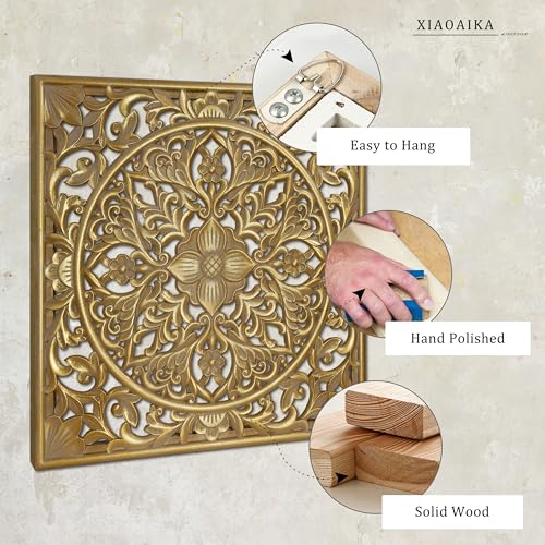 XIAOAIKA Boho Carved Wood Wall Art Panel, Floral Mandala, Distressed Gold - color: Distressed Gold