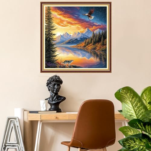 Fanxvivy Stamped Counted Cross Stitch Kits for Adults Printed Cross-Stitch Patterns 11CT Stamped or Counted Cross Stitching Embroidery Kit Needlepoint Kits-Sunrise Scenery by the Lake 18x18 inch - color: Artkits07