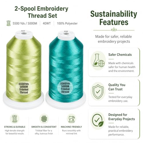 Simthread 2Pk 5500Y/5000M 40WT Polyester Embroidery Thread Fresh027 Teal534 - color: Spring Duo(FreshGreen+Teal Green)