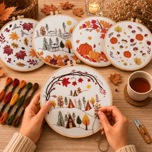 Kuabiz 5 Sets Embroidery Kits for Beginners Cross Stitch Kit for Adults Highland Cow Pattern Embroidery Starter Kit Embroiderys Hoop Needlepoint Kits with Instruction Needles Threads (Fall Leaves) - style: Fall Leaves