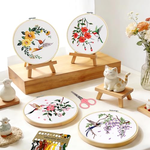 Esoes 4 Pack Embroidery kit for Beginners, Hummingbird and Flower Cross Stitch Kits with Clear Instructions,1 Embroidery Hoops,Stamped Patterns,Colorful Threads & Tools, Gifts for Crafters