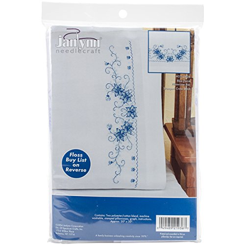 Janlynn 65-32083 Blue Floral Pillowcase Pair Stamped Cross Stitch-20 X30