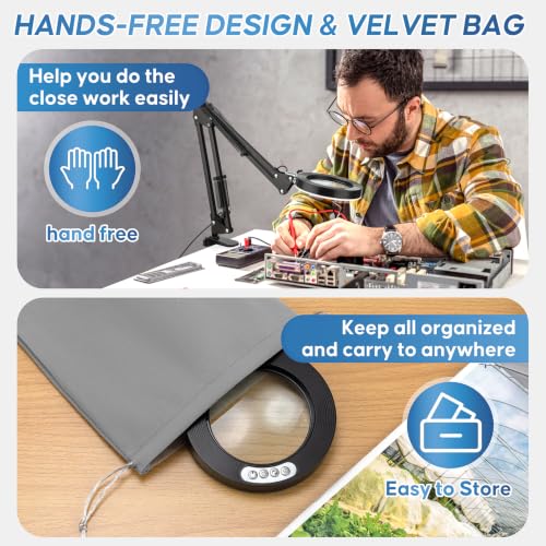 10X Magnifying Glass with Light and Stand,Hands-Free Desk Magnifier - color: Black Magnifying Glasses With Light