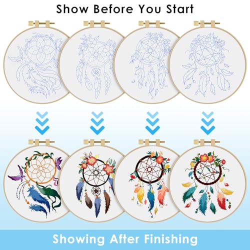 ERKOON 4 Set Embroidery Kit for Beginners, Cross Stitch Set Include Embroidery Cloth Hoops Threads for Craft Lover Hand Stitch with Embroidery Skill Techniques (Feather Wreath) - color: Feather Wreath