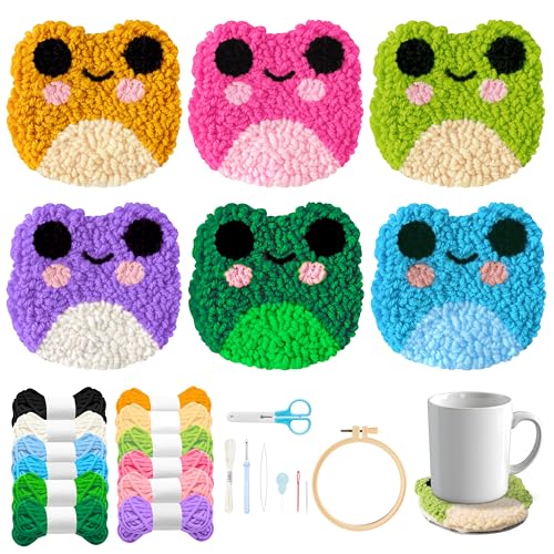 WATINC Punch Needle Coaster Kit - 6 Pattern DIY Craft for Beginners, Frog - color: Frog