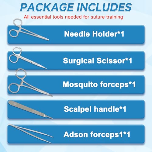 Suture Practice Kit with 240g Silicone Training Pad, Reusable Stitching Practice Set with Training Tools, 14 Practice Patterns, Educational Simulation Use Only - style: 5 packs of sutures