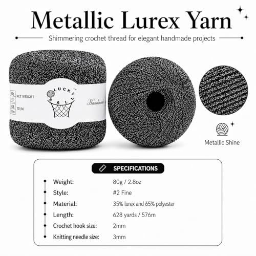 80g Sparkle Silver Lurex Thread Shining Yarn, Metallic Crochet Thread Yarn for Crocheting, Sparkle Metallic for Knitting Clothes, Car Charm, Keychain Charm(Black Silver) - color: Black Silver