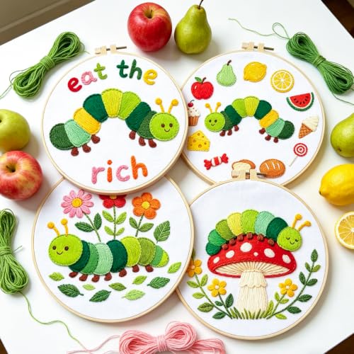 BEUNITONE 4 Set Embroidery Kits for Beginners with Easy Caterpillar Pattern, DIY Craft Kits Include Instructions and 2 Embroidery Hoops, Cross Stitch Needlepoint Kits for Craft Lover and Home Decor - style: A-Caterpillar