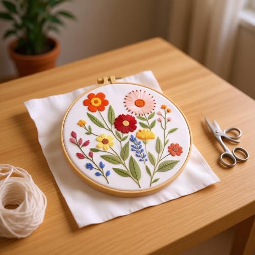 Zhenqing 4-Piece Floral Embroidery Kit for Beginners - Complete Set with Sunflower, Daisy Designs & Pre-Printed 29x29cm Cotton Fabric, Hoop, Threads & Tools(C0166) - color: C0166
