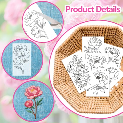 ORIGACH 4 Sheets 16 Pcs Water Soluble Embroidery Patterns Stabilizers - Pre-Printed Blooming Peony Bouquet Designs - Stick & Stitch Embroidery Paper for Hand Sewing Lovers - color: Blooming Peony Bouquet