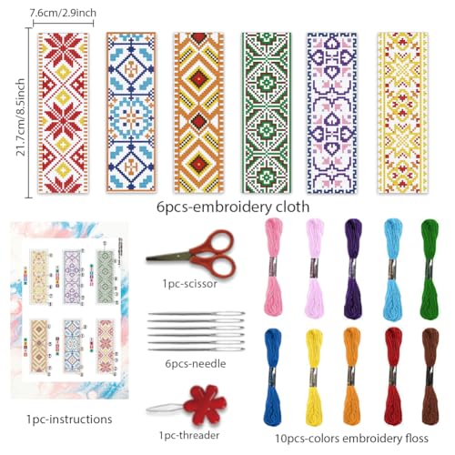 BEUNITONE 6 Pcs Vintage Cross Stitch Bookmark Kits for Beginner with Backing Felt Floss Instructions, Handmade Bookmarks DIY Stamped Craft Embroidery Kits for Adults, Book Lovers 8.5''x3'' - style: Pattern 3