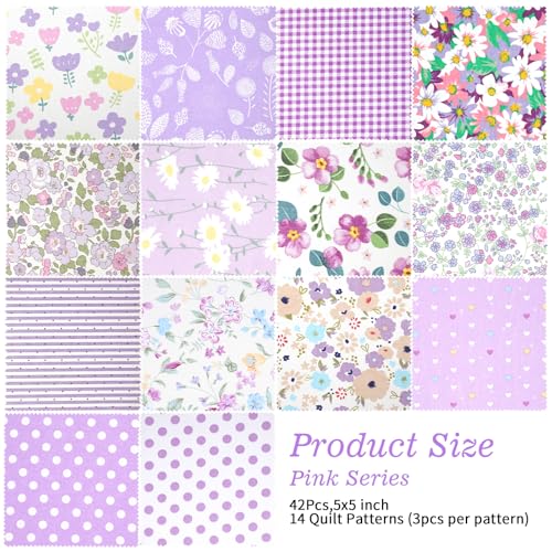 42Pcs Brown Charm Packs for Quilting Fabric Squares 5 x 5Inch, Purple - color: Purple