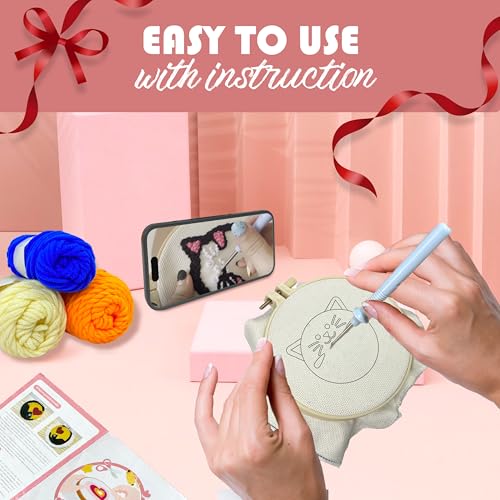 Punch Needle Kit for Beginners Adults Easy Needle Punch Embroidery Tool Set Including Threader Instruction Fabric Hoop Yarn Coaster DIY Making Kit Supplies,Set of 8 Cat Cute Pet Art Crafts Gifts - color: Cat